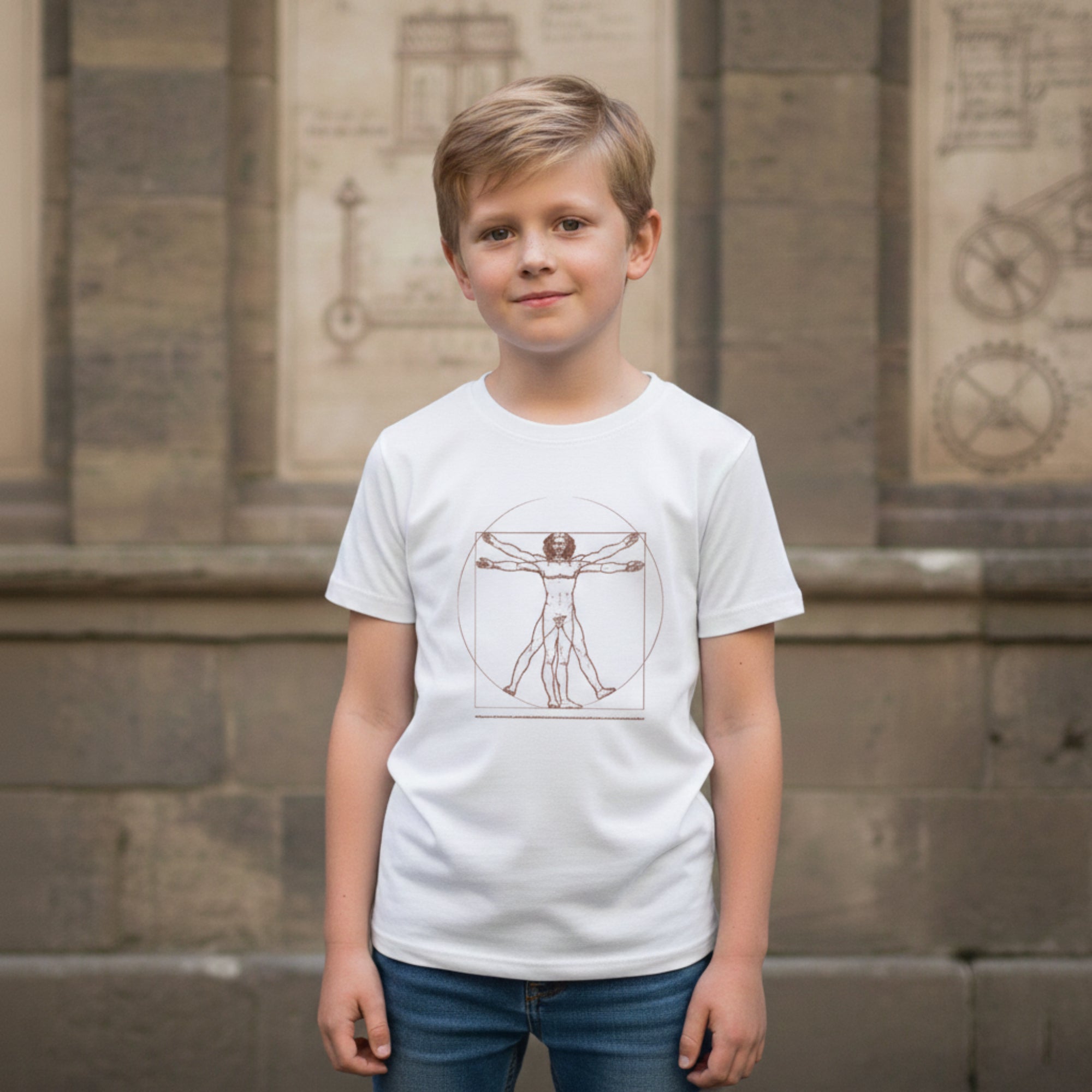 SAPEur Leonardo Da Vinci S/S Tee［YOUTH] Vitruvian Man Child T-Shirt – 100% Cotton Made in Italy – Museum