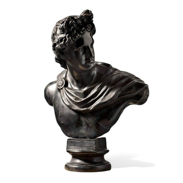 Busto di Apollo in bronzo scuro, copia dell’originale dei Musei Vaticani, con capelli scolpiti, drappeggio e base decorativa, fotografato su fondo bianco.