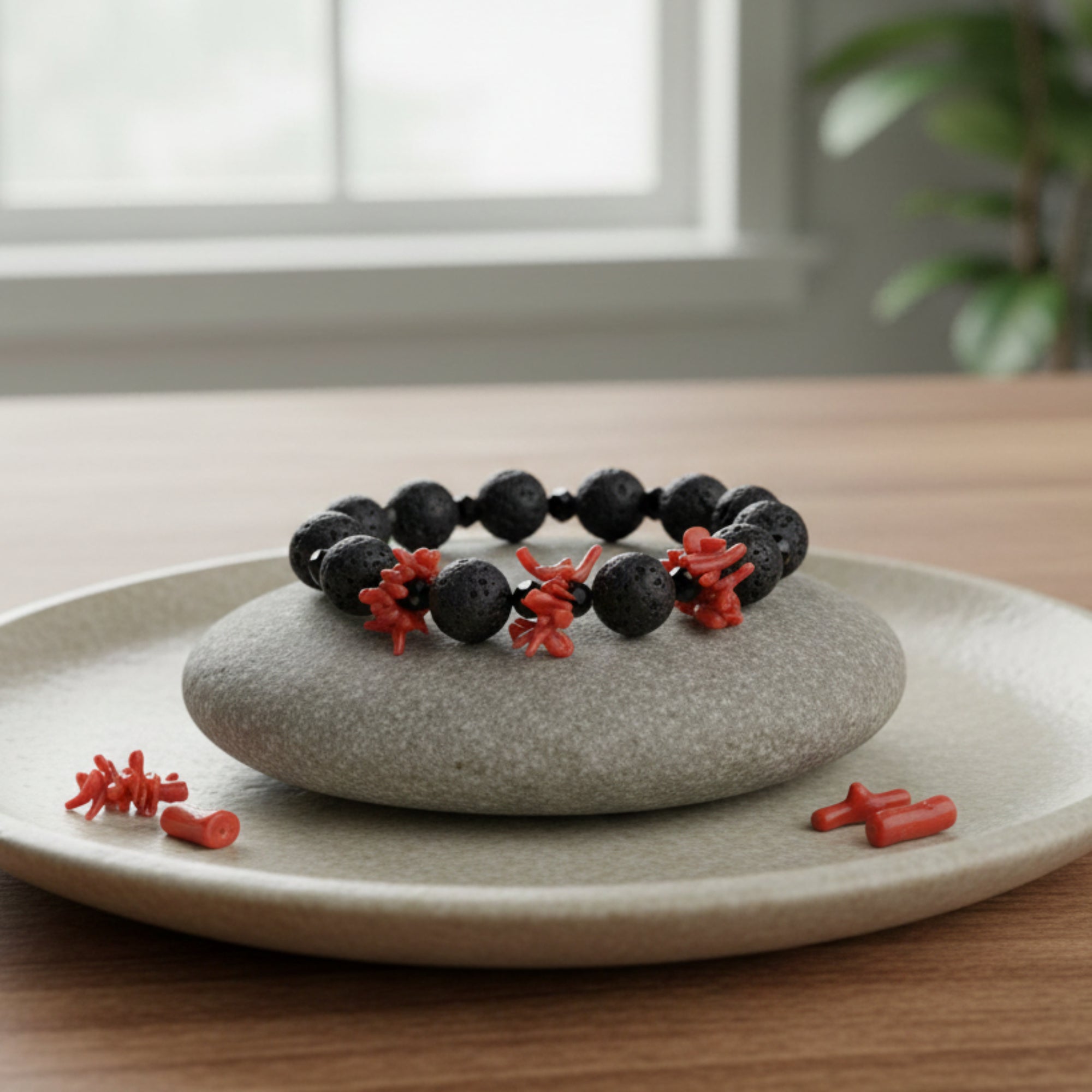 Bracciale Corallo Rosso, Pietra lavica e Onice