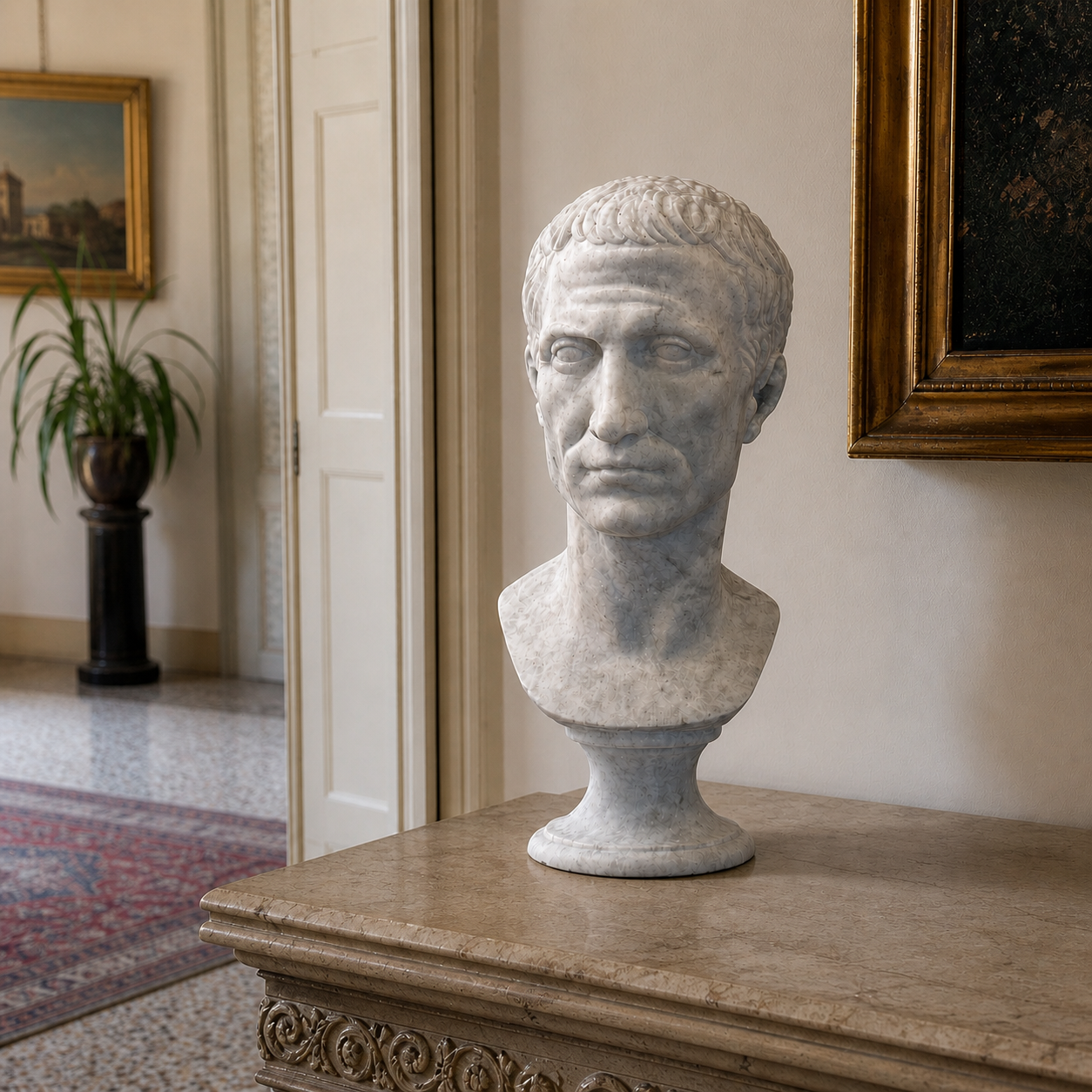 Busto de Julio César en mármol blanco, con rostro realista, cabello corto y rasgos severos, representado sobre un pedestal, vista frontal