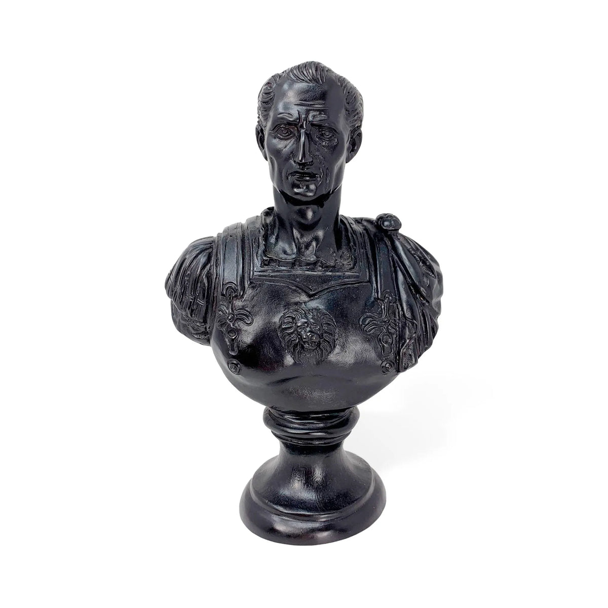 Busto in Bronzo di Giulio Cesare conservato nei Musei Vaticani di Roma, in patina nera , vista frontale su fondo bianco.