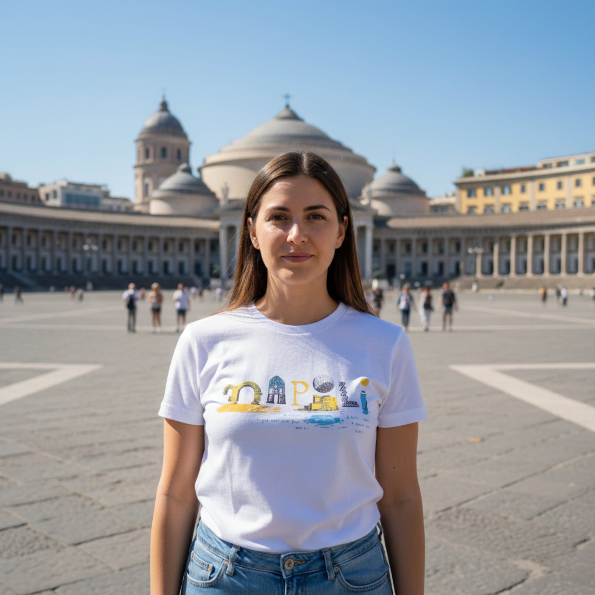 T-shirt donna in cotone con stampa artistica di Napoli, ispirata all’arte e alla cultura napoletana.