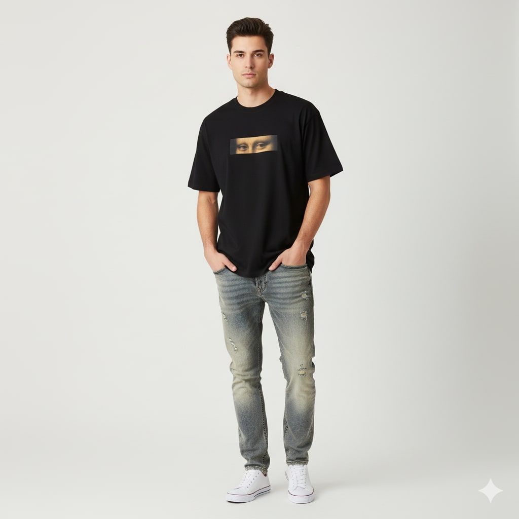 T-shirt nera con occhi della Monna Lisa e autografo di Da Vinci.