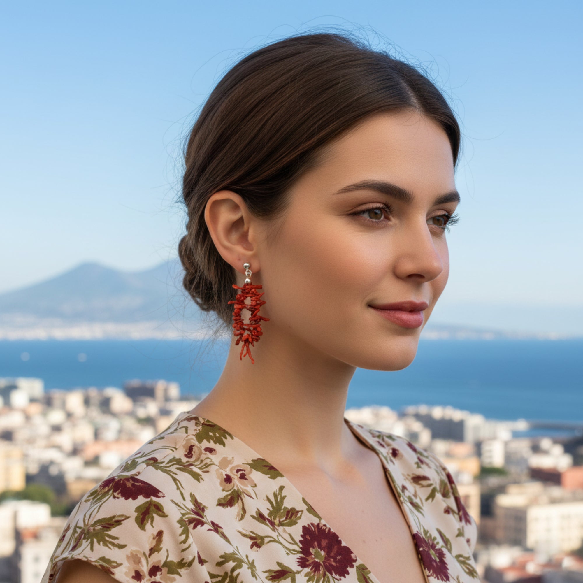 紅珊瑚鱗片耳環，銀製扣環