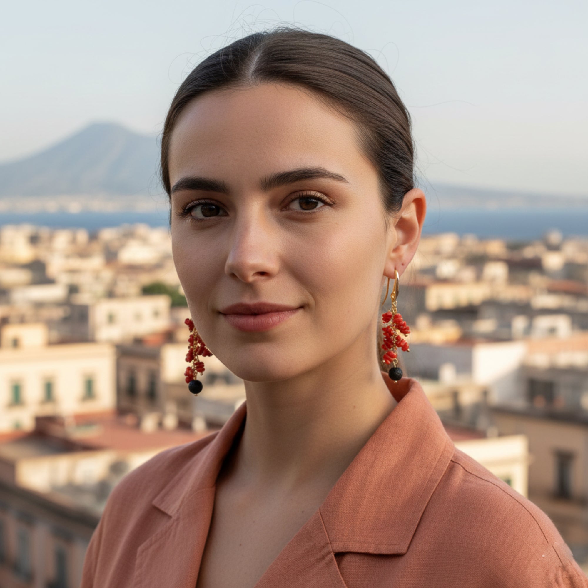 火山石與珊瑚耳環