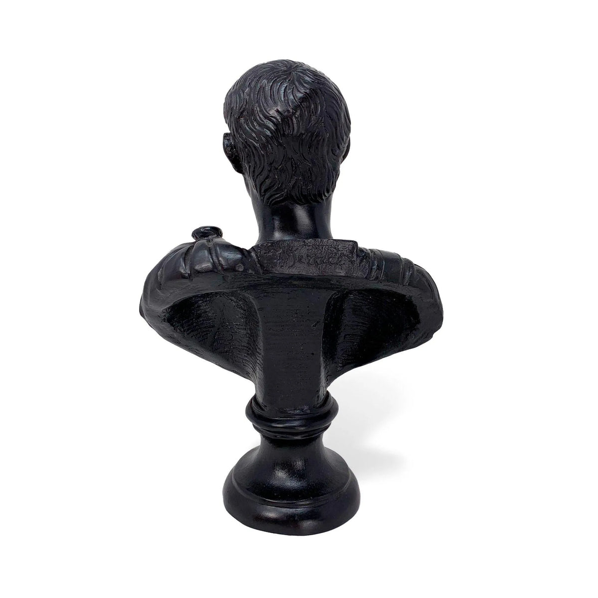 Busto in bronzo scuro dell’imperatore romano Augusto, fotografato posteriormente con dettagli dei capelli, mantello e base rotonda.