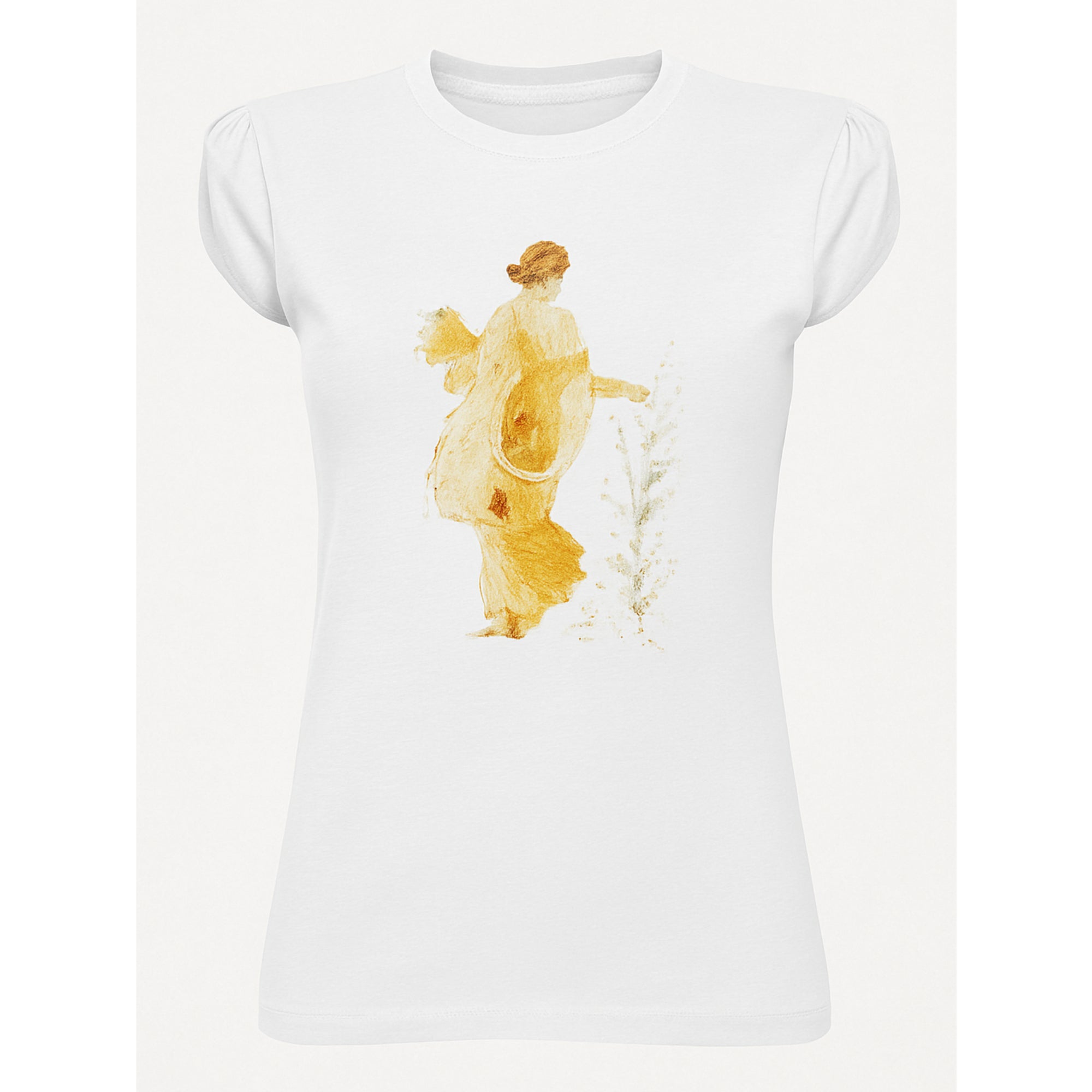 T-shirt donna in cotone con stampa artistica ispirata alla dea Flora.