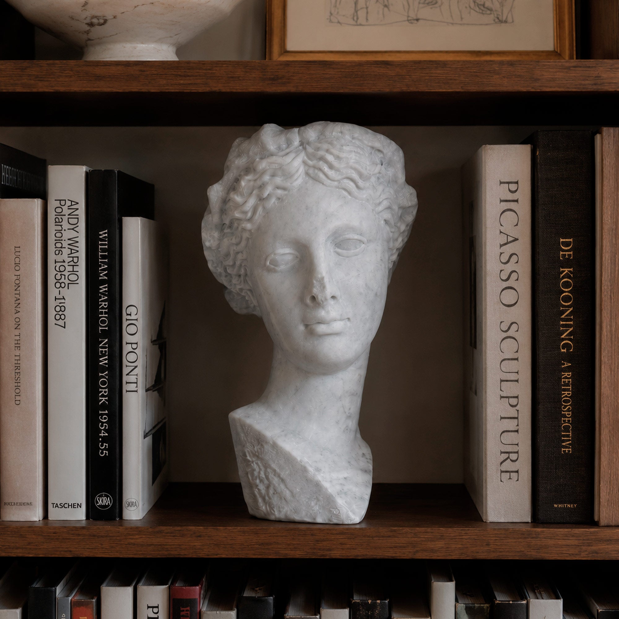 Busto di Thalia, Musa della Commedia, in marmo bianco di Carrara ,vista frontale in una libreria.
