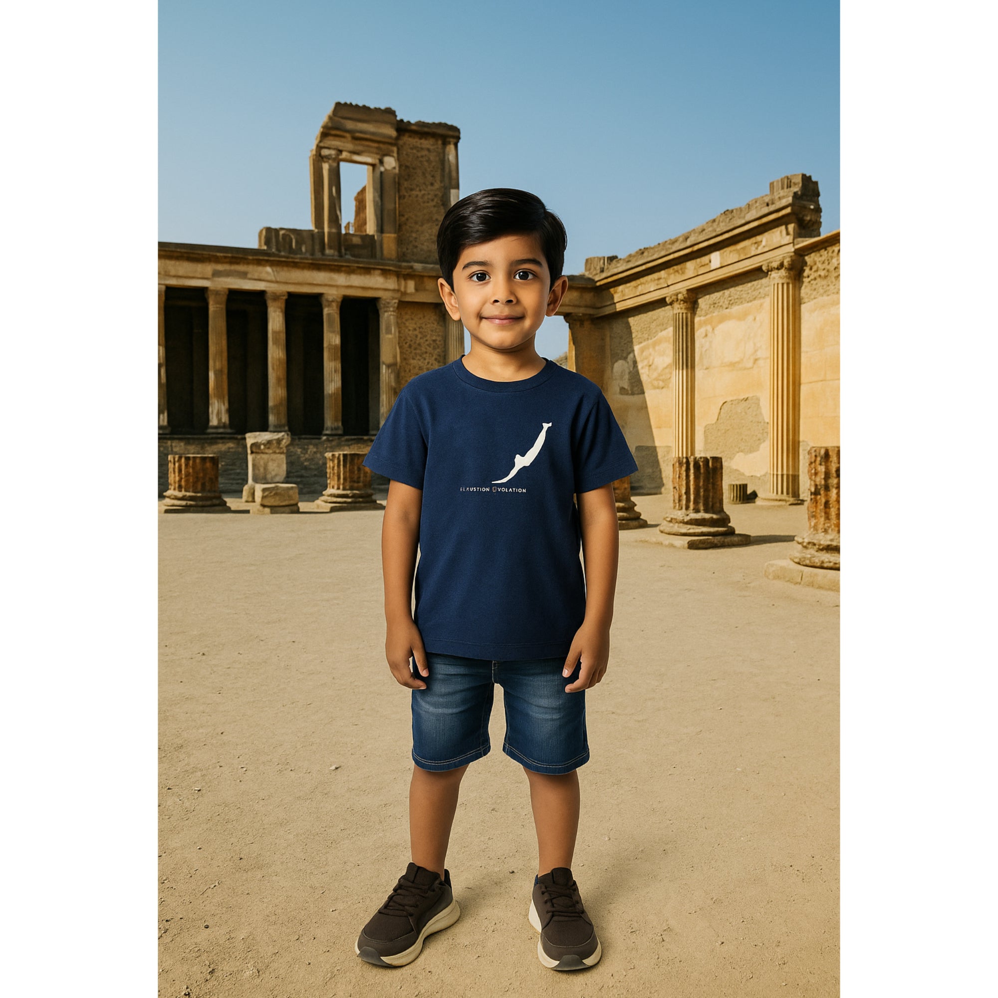 T Shirt bambini nera con stampa del tuffatore di Paestum indossata