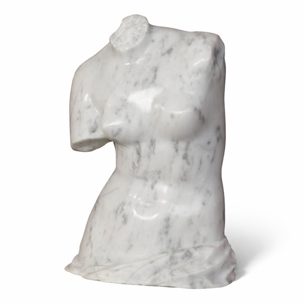 Vista frontale del busto della Venere di Milo in marmo di Carrara su fondo bianco.