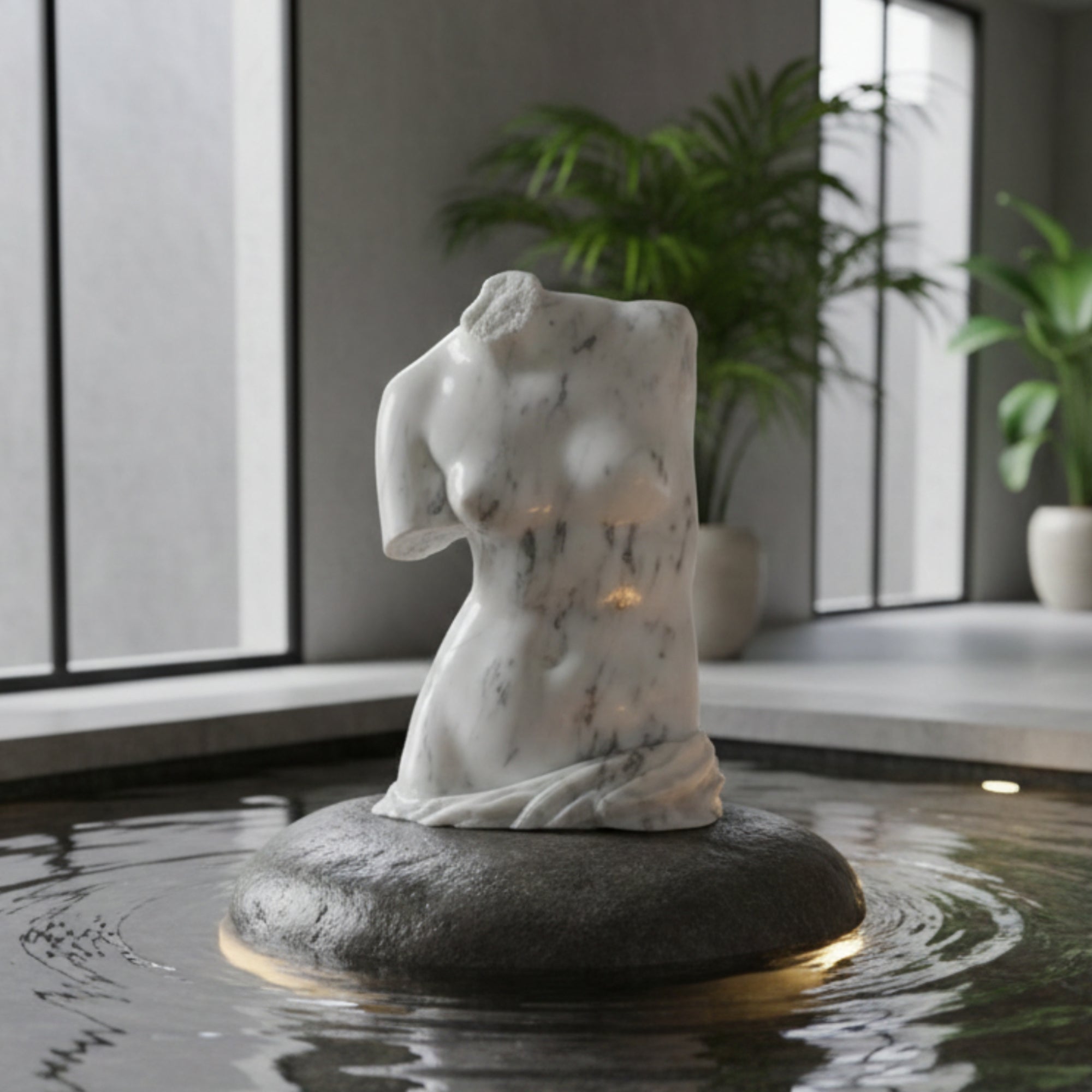 Torso di Venere su fontana in soggiorno.