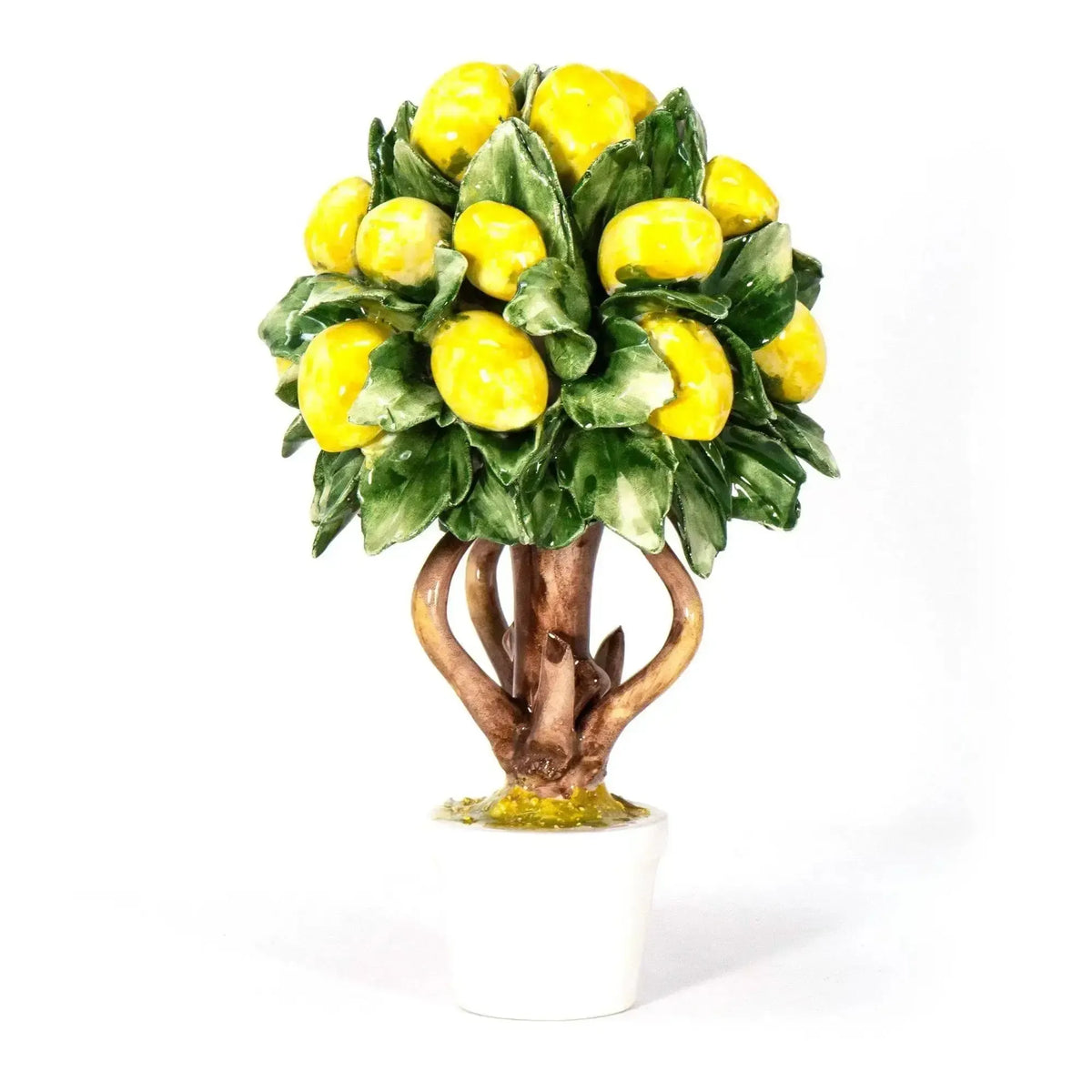 Albero di limoni in porcellana di Capodimonte con foglie verdi e vaso bianco, su fondo bianco.
