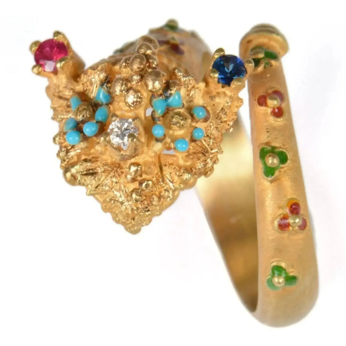 Cornucopia ring with precious stones