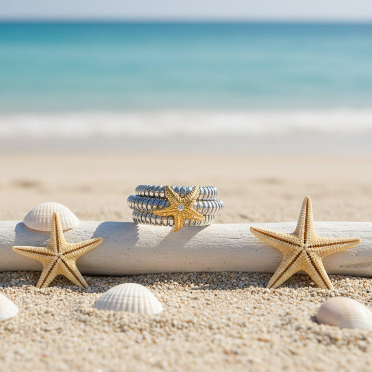Anello a tre giri con stella marina dorata, su un legno chiaro tra conchiglie e stelle marine