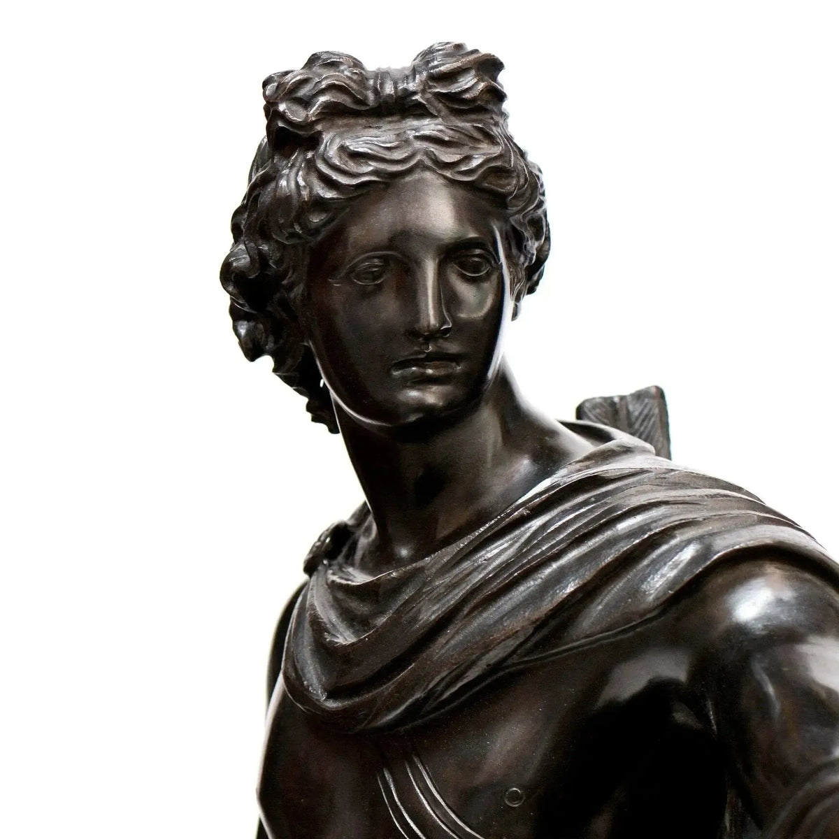 Bronzestatue des Apollo Belvedere aus den Vatikanischen Museen. Nahaufnahme im Gesicht.