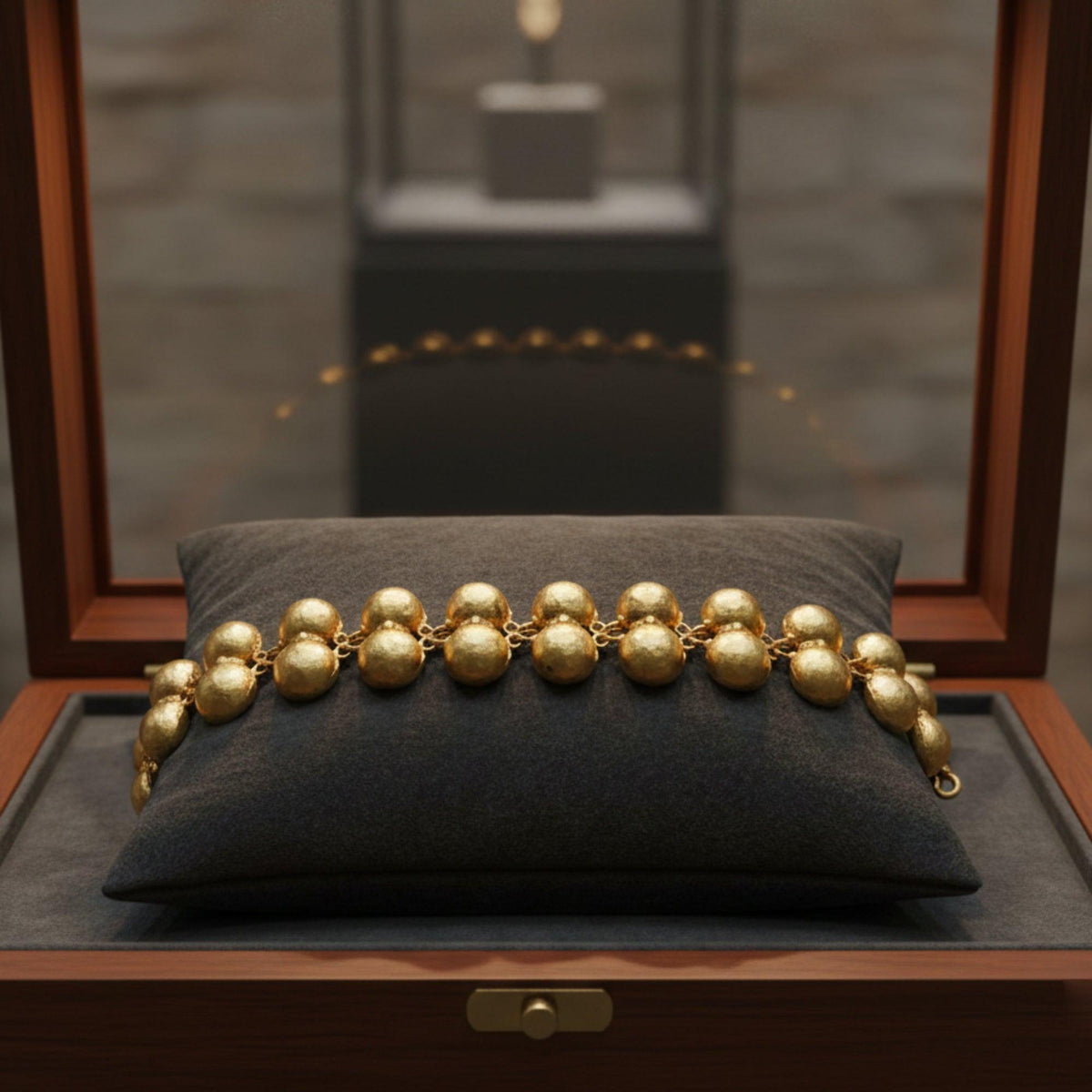 Armilla a Semisfera di Ercolano is a refined bracelet in 925 silver plated with 18K gold on display