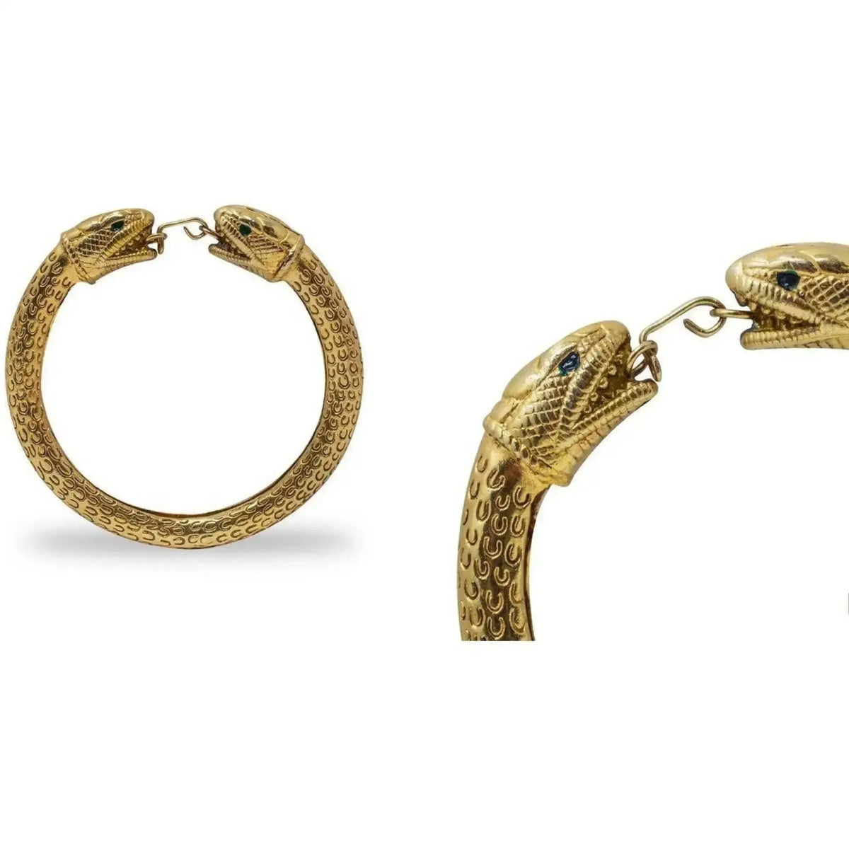 Armilla a serpente in argento placcato oro, vista completa affiancata a un dettaglio delle teste e della chiusura