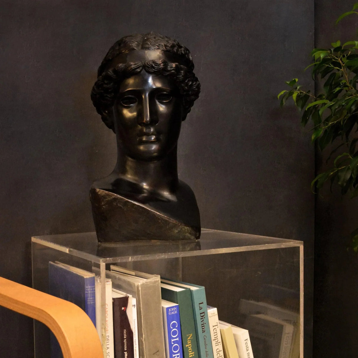 Testa di Atena Lemnia in bronzo nero su un supporto trasparente con libri, davanti a una parete scura.
