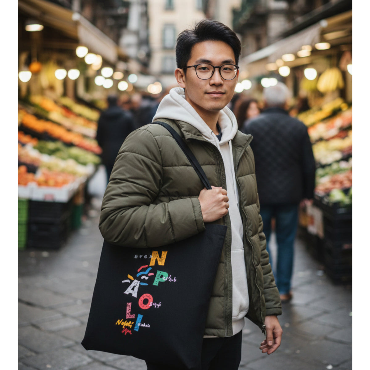 Uomo con borsa nera a spalla, decorata con lettere multicolori di Napoli, in una strada con mercato
