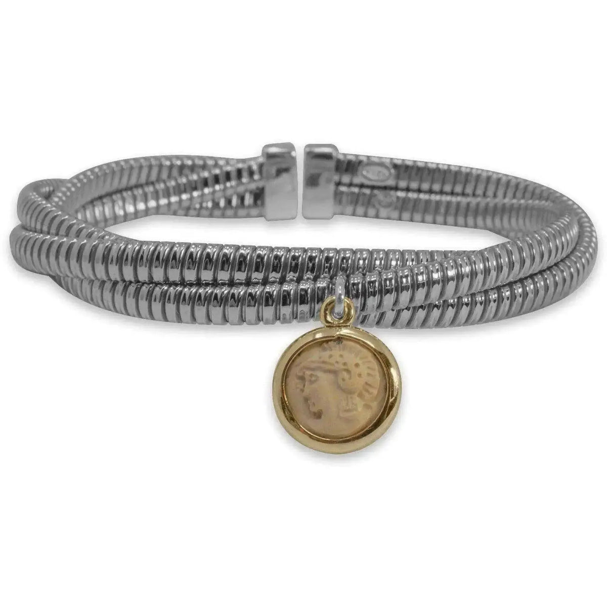 Pulsera de 3 vueltas en acero y plata 925 con colgante de oro de 18kt y piedra de lava con el rostro de la diosa griega Atenea grabado a mano.