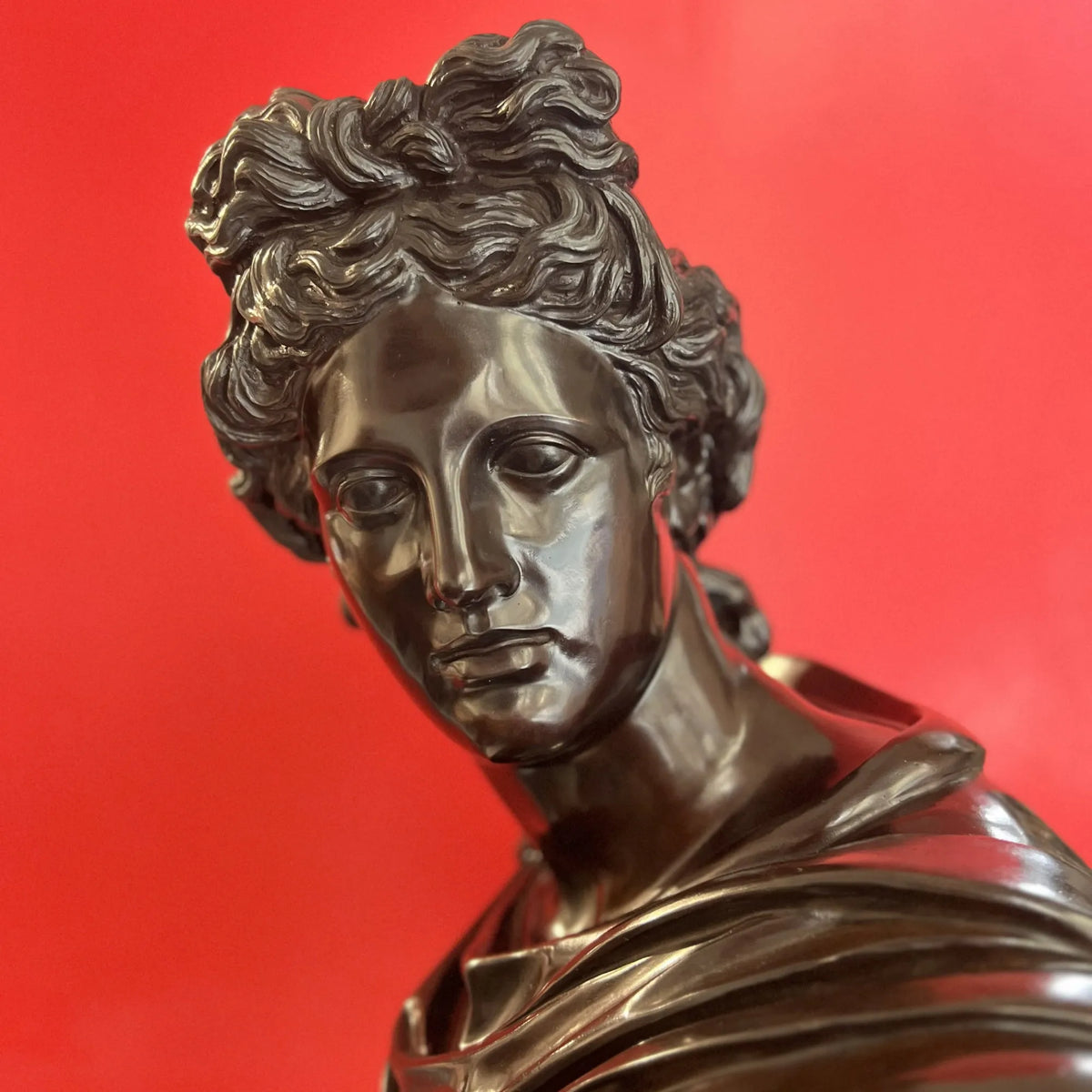 Primo piano del busto di Apollo in bronzo scuro, copia dell’originale dei Musei Vaticani, con dettagli del volto, capelli scolpiti e drappeggio su sfondo rosso.