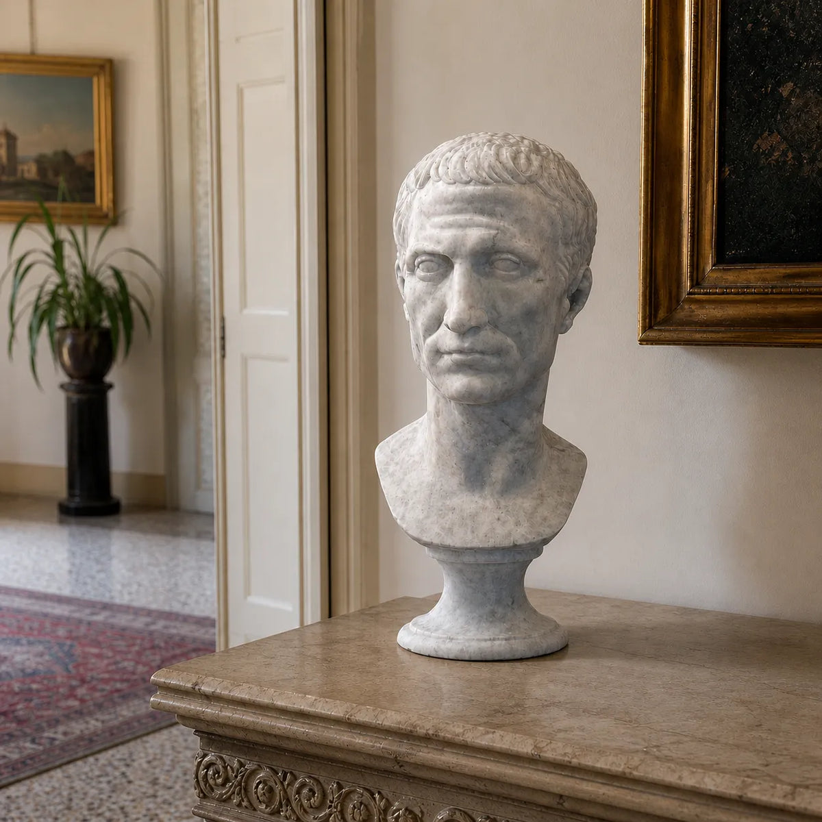 Busto di Giulio Cesare in marmo bianco di Carrara,  vista frontale in un ingresso.