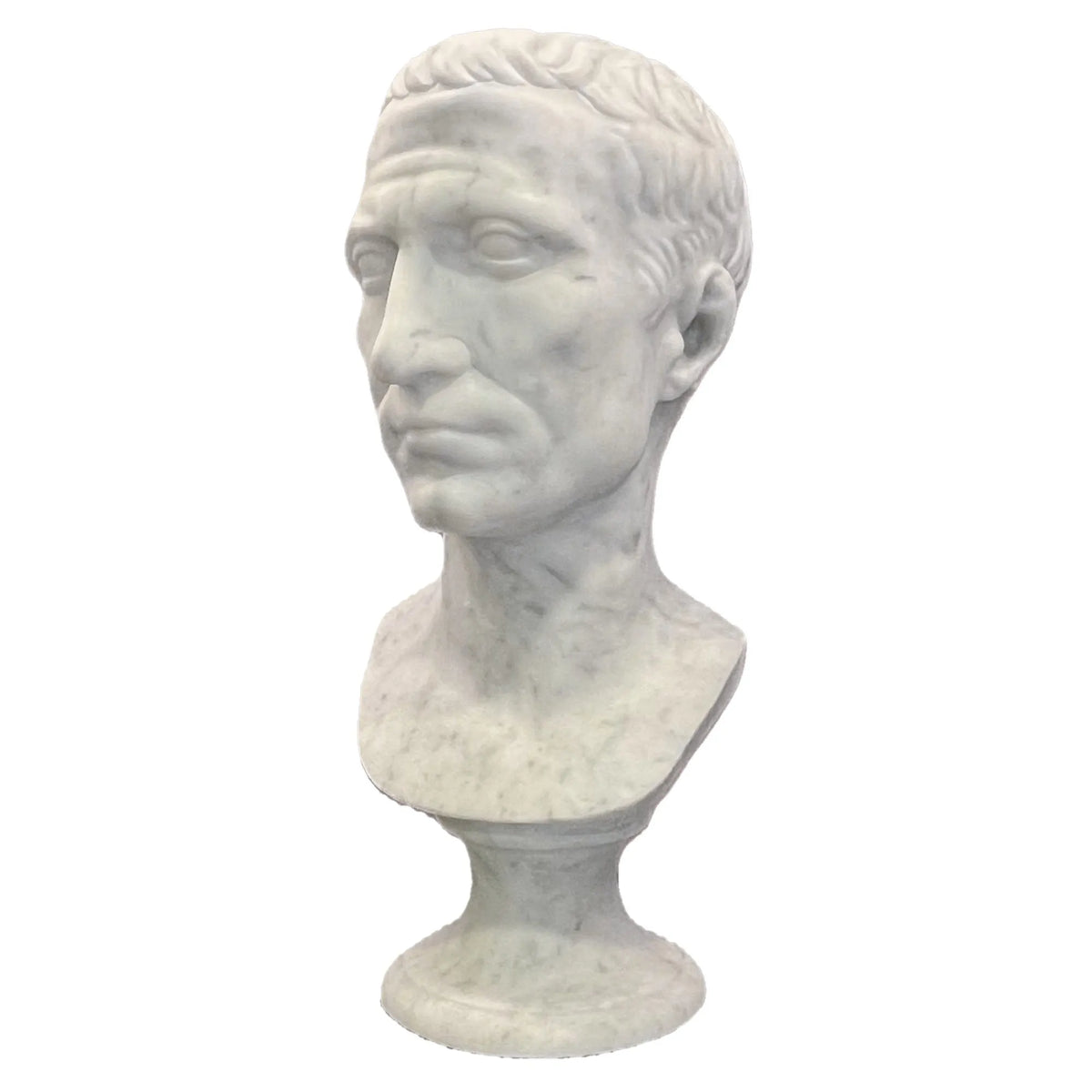 Busto di Giulio Cesare in marmo bianco di Carrara,  vista a tre quarti su fondo bianco.