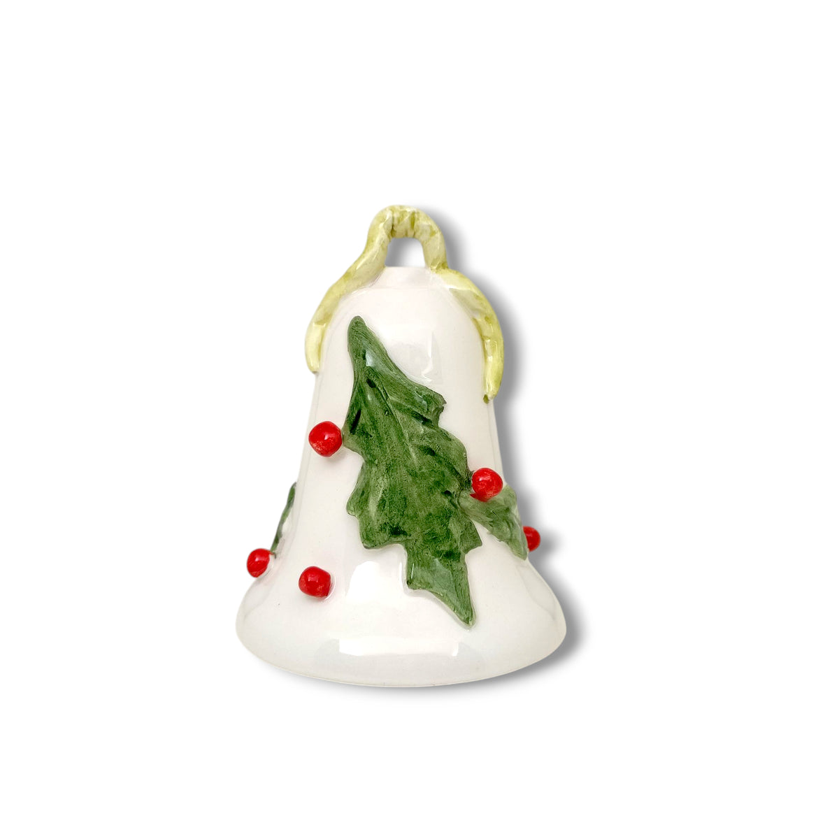 Campanella bianca in porcellana di Capodimonte decorata con foglie verdi di agrifoglio e bacche rosse