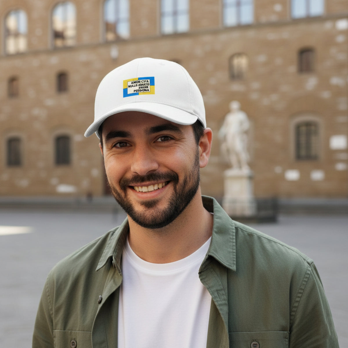 Chapeau blanc avec un vers de Dante Amor ch’a nullo amato