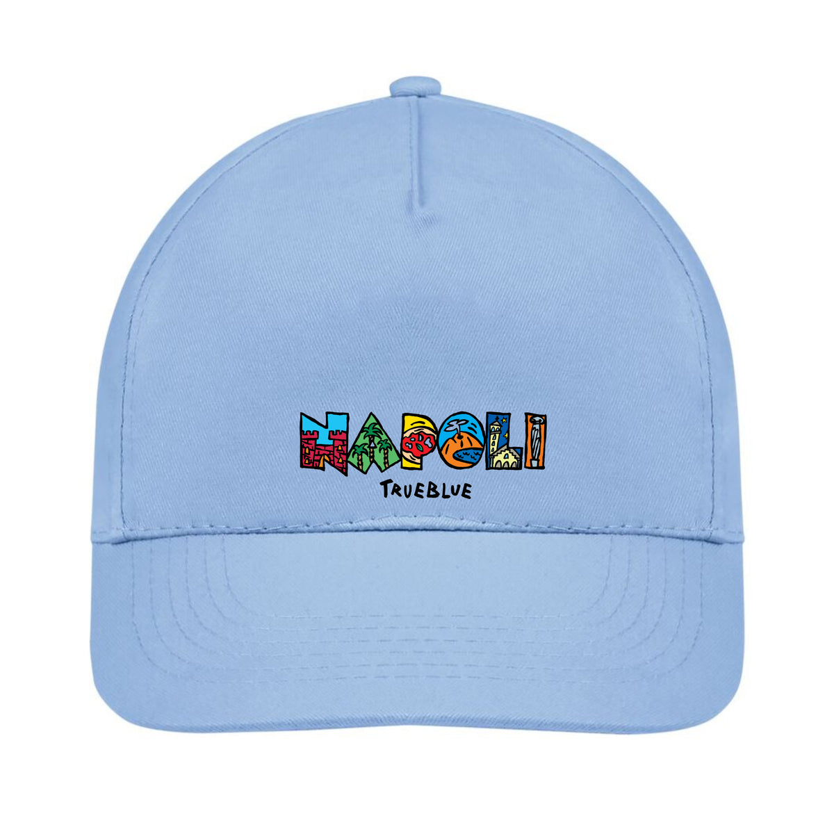 Chapeau bleu Napoli avec logo brodé multicolore, vue de face.