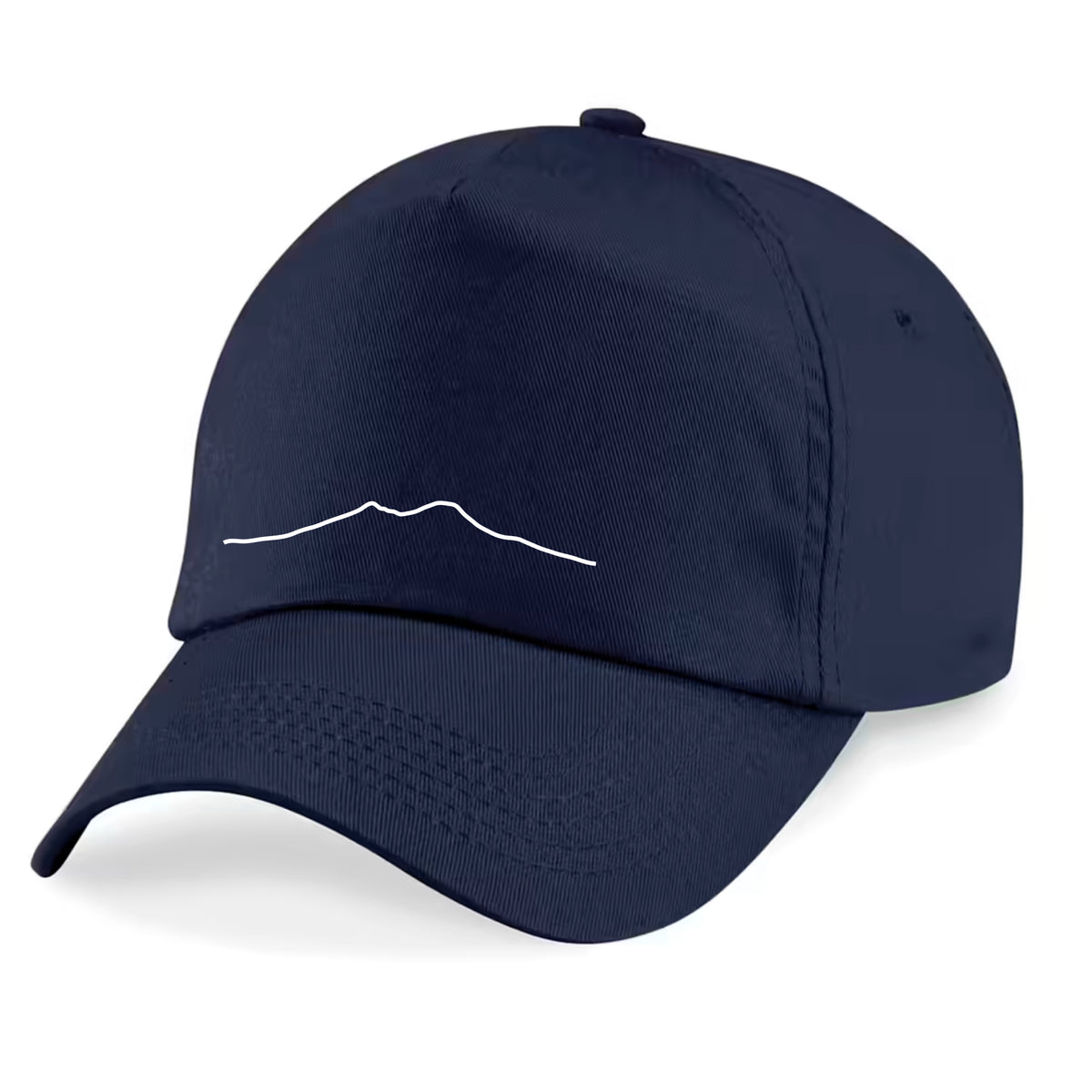 Blauer Hut mit Vesuv-Stickerei, seitliche schräge Ansicht.