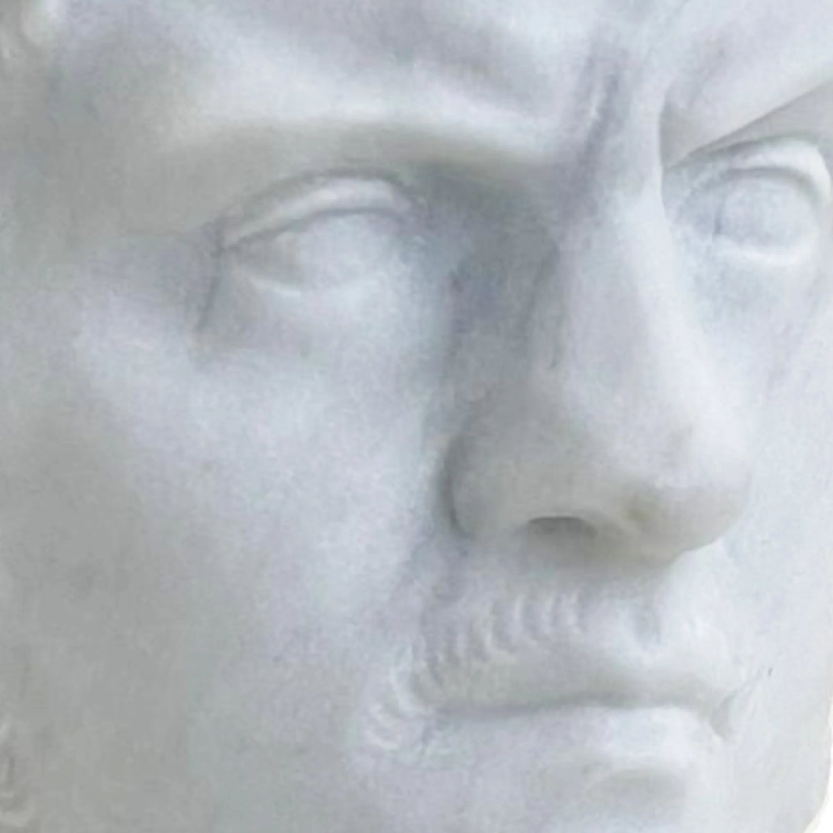 Primo piano del busto dell’imperatore Caracalla in marmo bianco di Carrara.