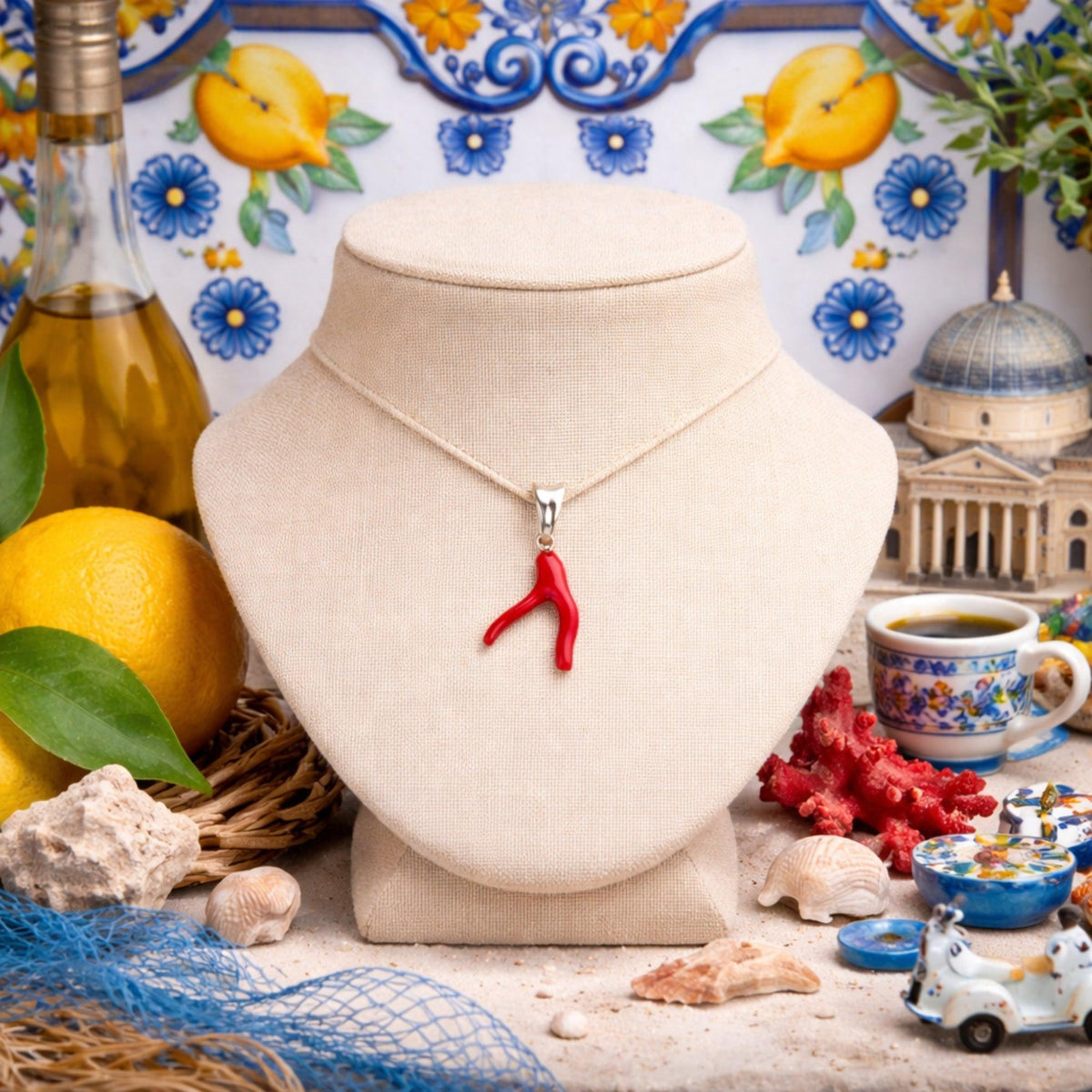 Ciondolo medio a rametto in corallo rosso, su un espositore chiaro tra limoni e ceramiche decorate