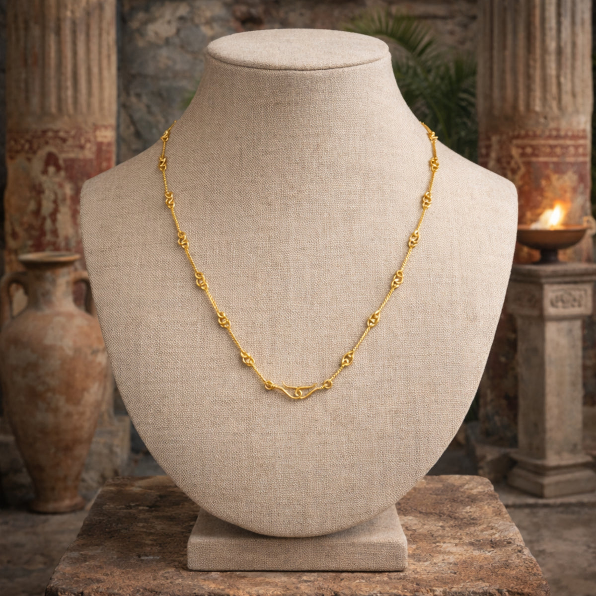 Collana con ami di Pompei dorata su un espositore a busto beige