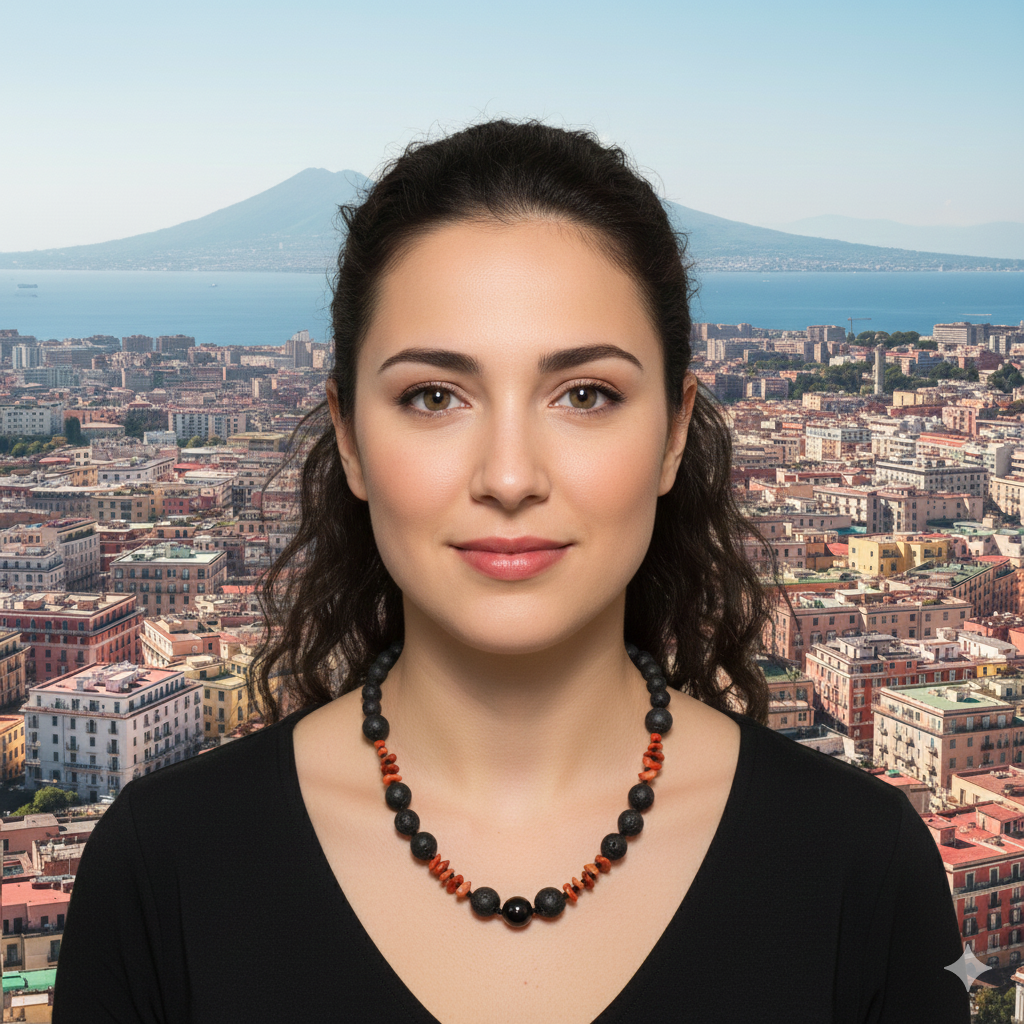 Collana in pietra lavica, onice e corallo rosso indossata, con panorama urbano e mare sullo sfondo