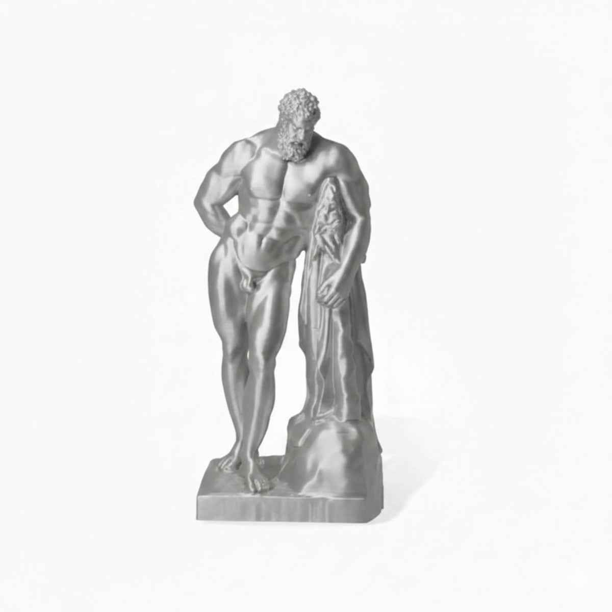 Ercole Farnese stampato in 3D argentato, vista frontale su fondo bianco.