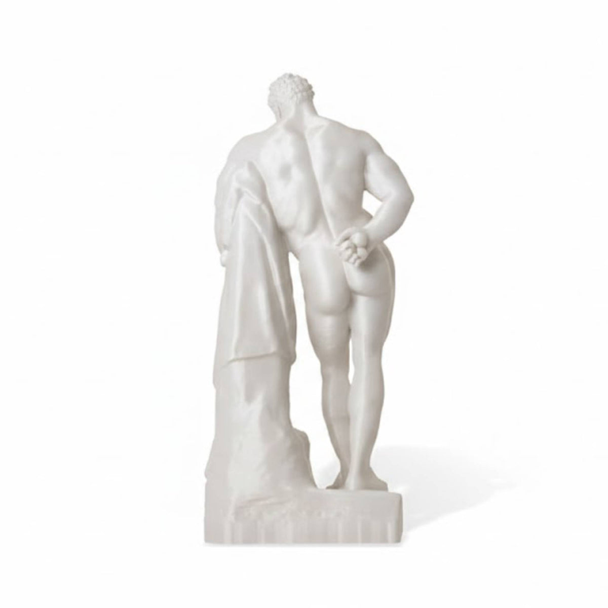Ercole Farnese stampato in 3D bianco, vista posteriore su fondo bianco.