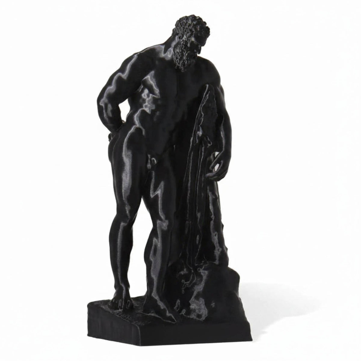 Ercole Farnese stampato in 3D nero, vista di tre quarti su fondo bianco.