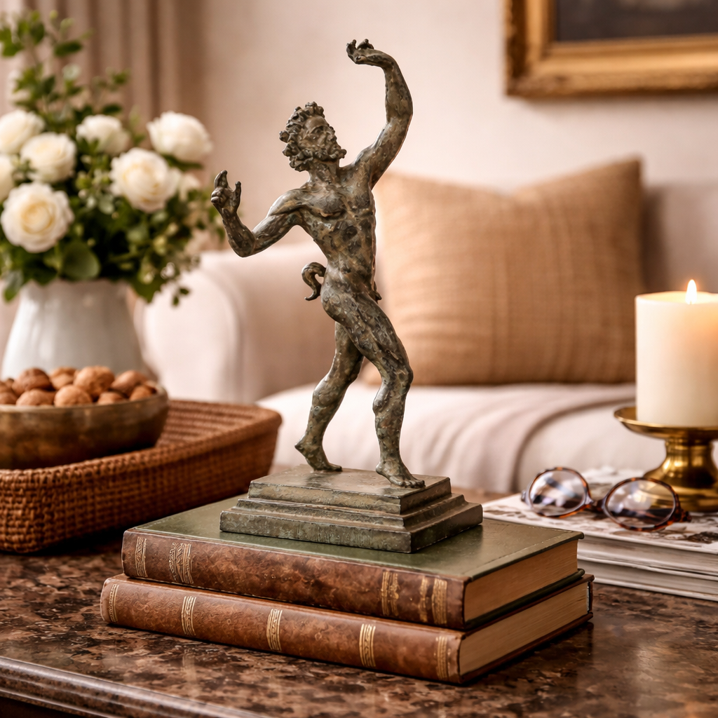 Tanzender Faun von Pompeji aus Bronze mit grüner Patina, dekorative Statue auf rechteckigem Sockel, fotografiert in einem eleganten Ambiente mit Büchern und Möbeln.