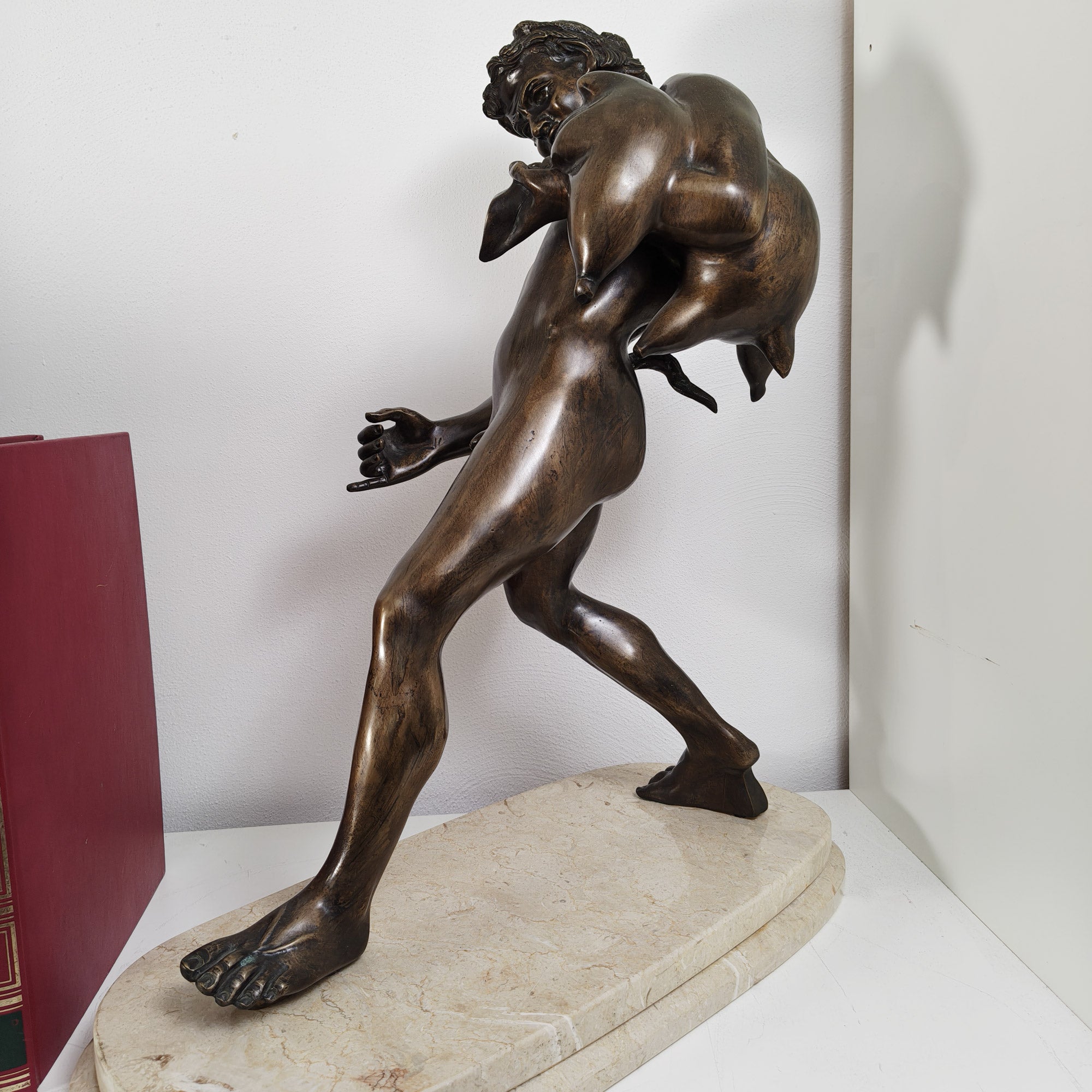Faun with Wineskin in Bronze on Marble Base – Neapolitan School, 53 cm