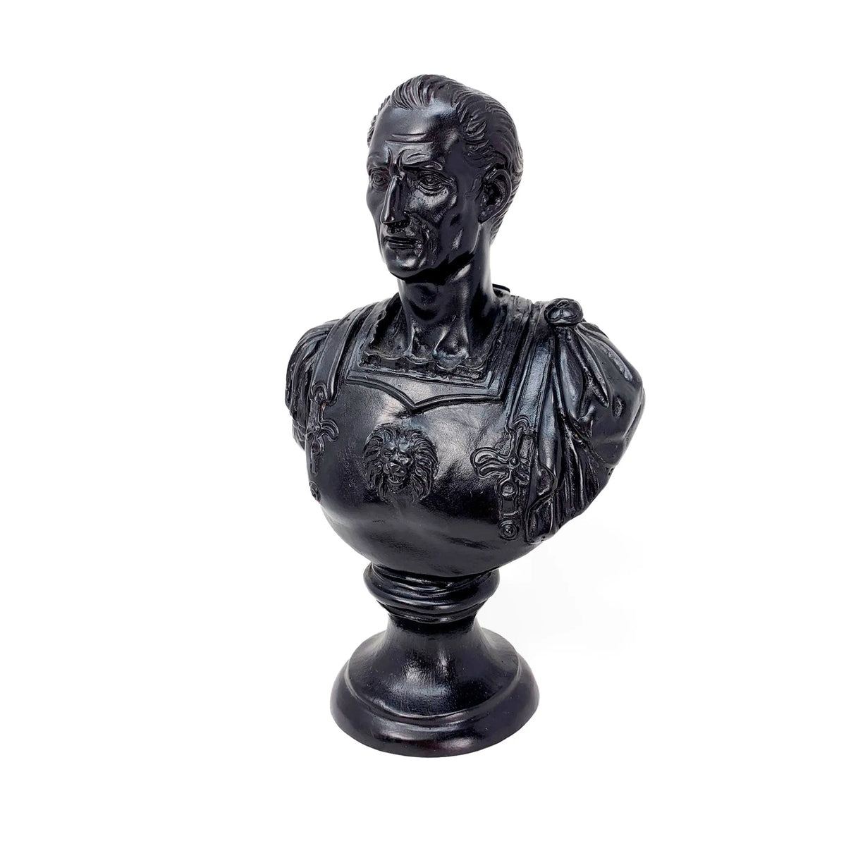 Busto di Giulio Cesare in bronzo con patina nera, vista di tre quarti su fondo bianco.