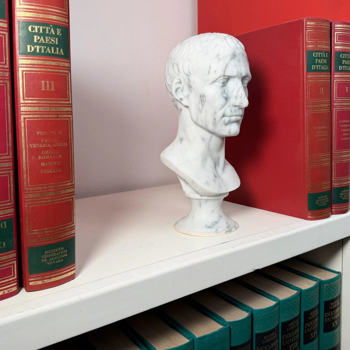 Busto di Giulio Cesare in marmo bianco di Carrara, vista laterale in una libreria.