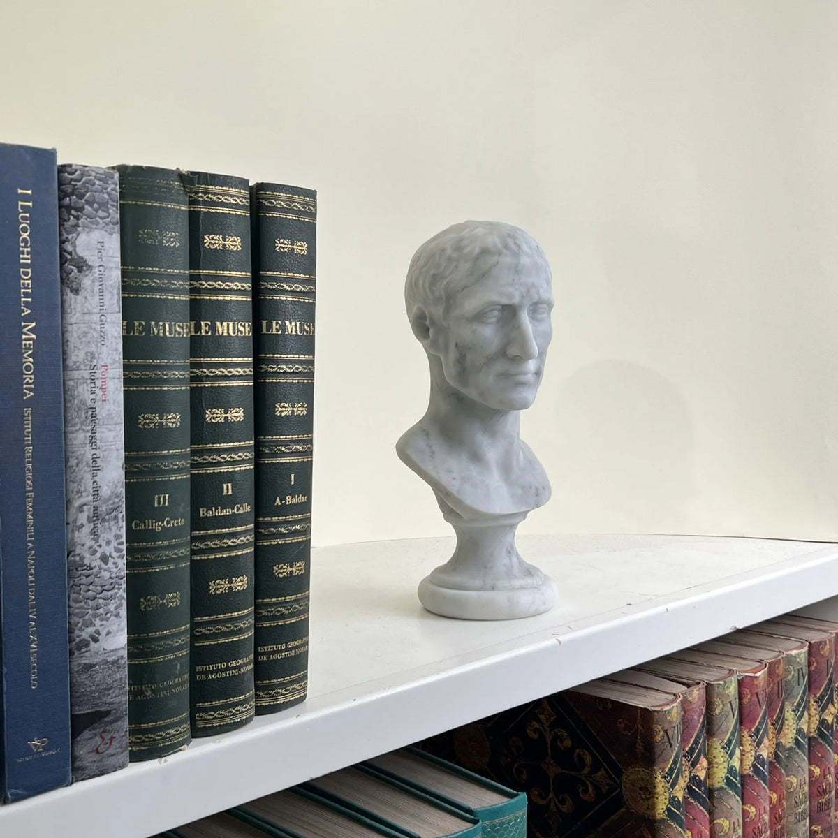 Busto di Giulio Cesare in marmo bianco di Carrara, vista a tre quarti in una libreria.