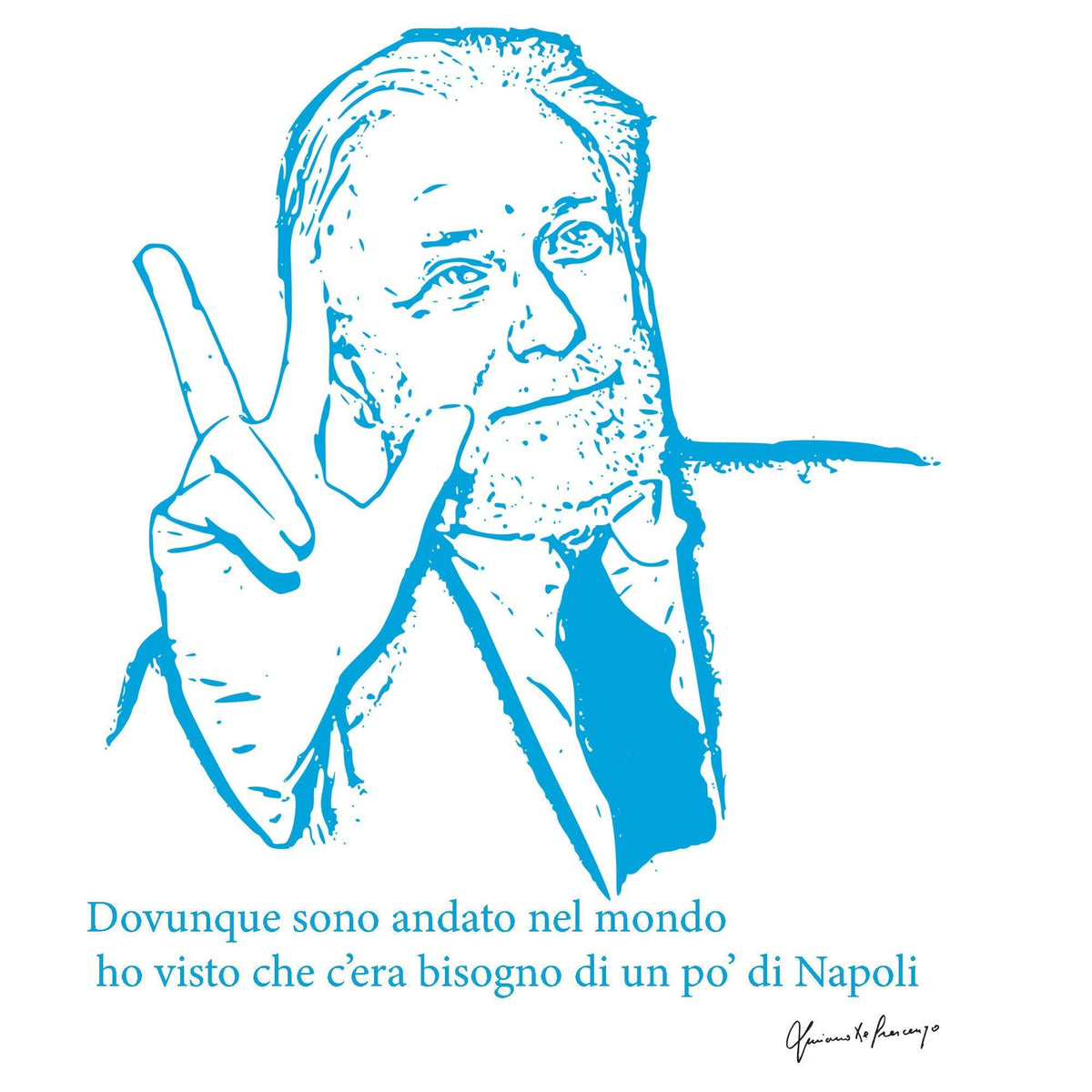 Grafica azzurra con ritratto di Luciano De Crescenzo, citazione su Napoli e firma su fondo bianco