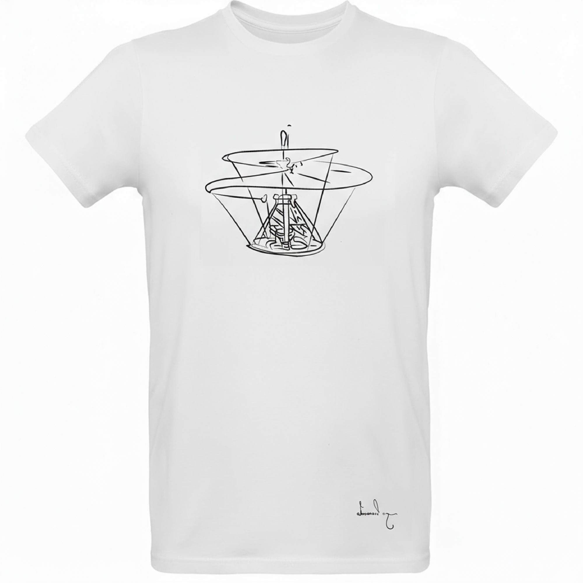 T-shirt nera con disegno della Macchina Volante di Da Vinci.