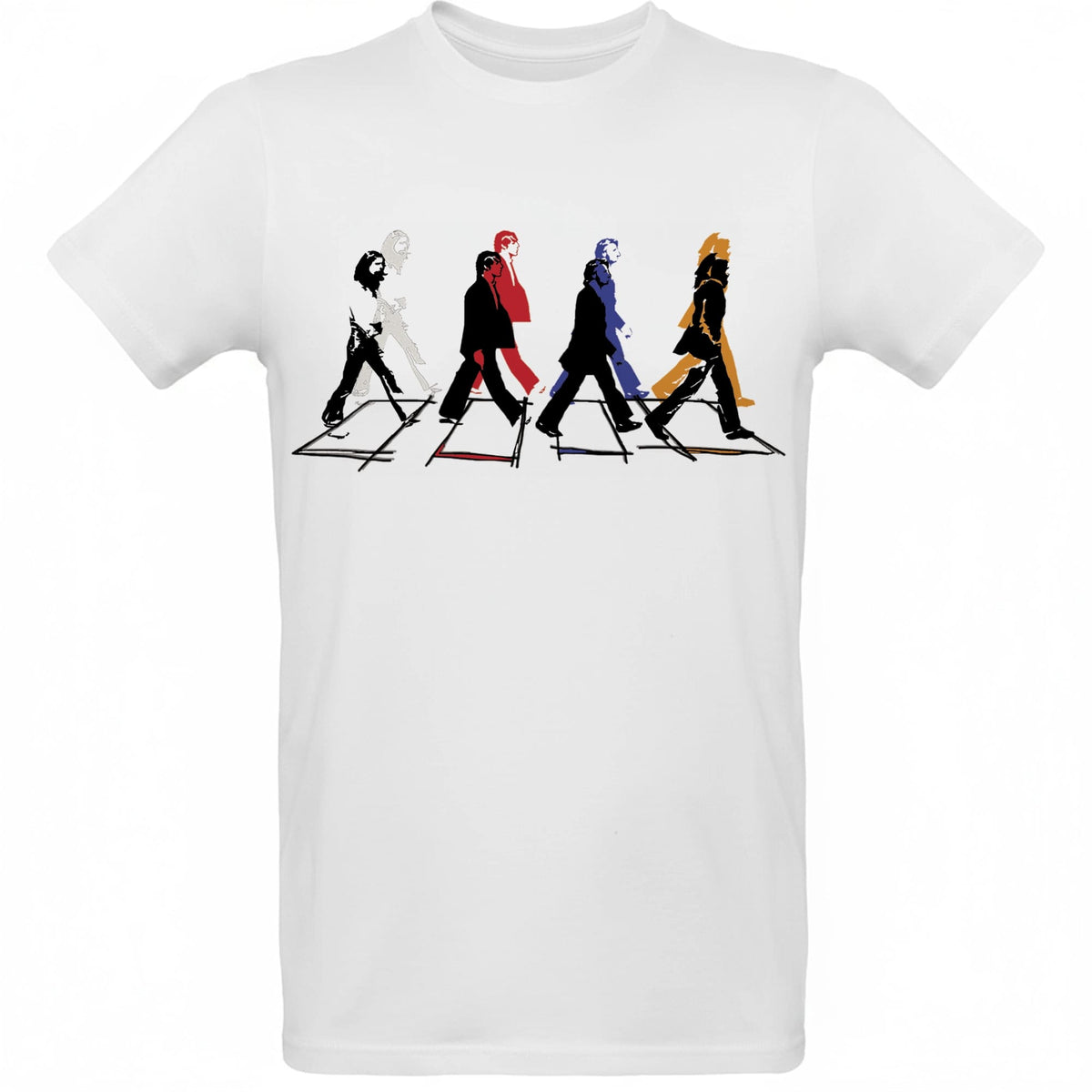 T-shirt « Crosswalk » inspiré des Beatles, avec quatre silhouettes sur un passage piéton.
