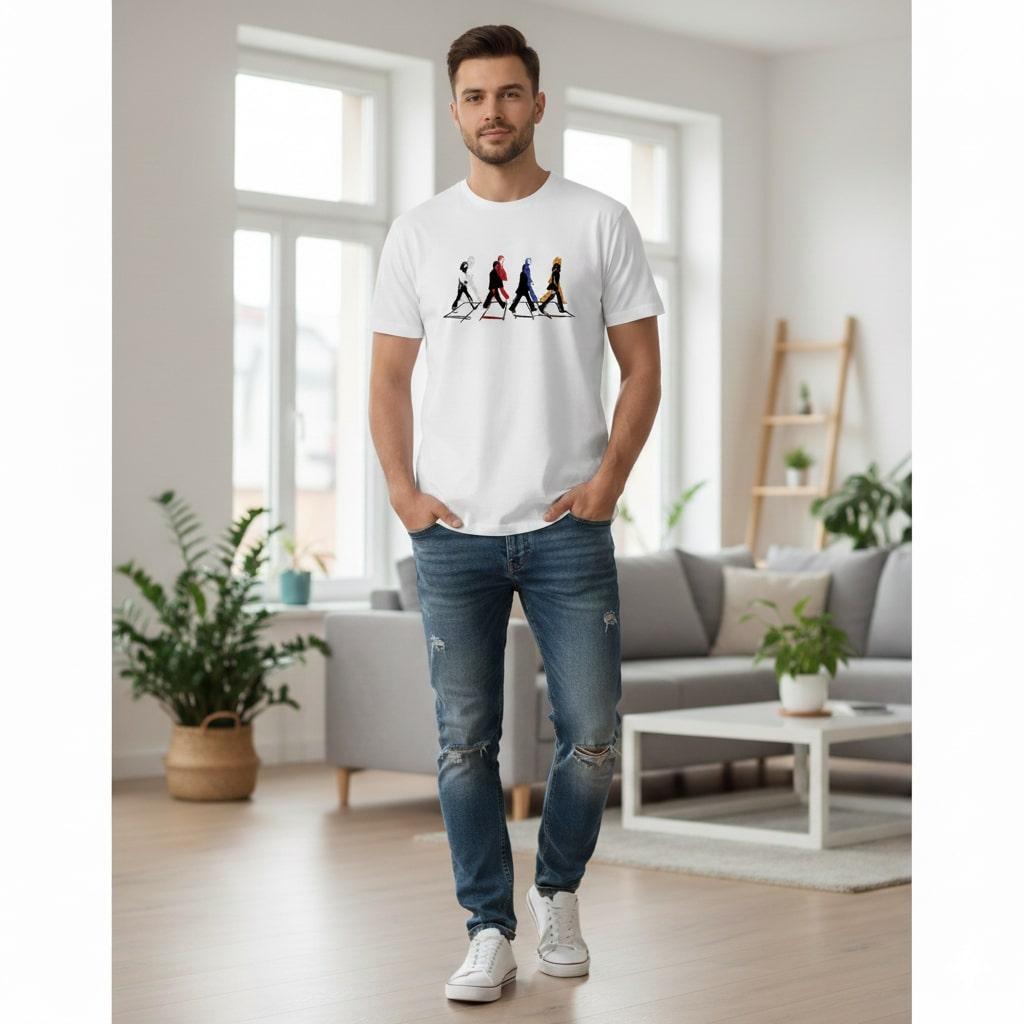 T-shirt « Crosswalk » inspiré des Beatles, avec quatre silhouettes sur un passage piéton.
