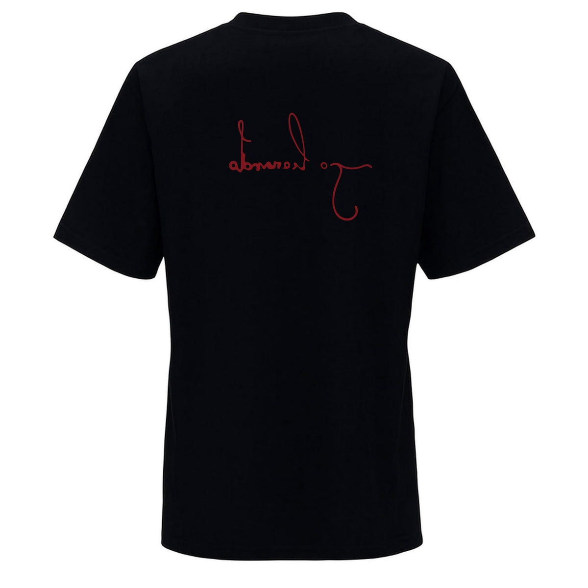 T-shirt noir avec les yeux de la Joconde et la signature de Da Vinci.