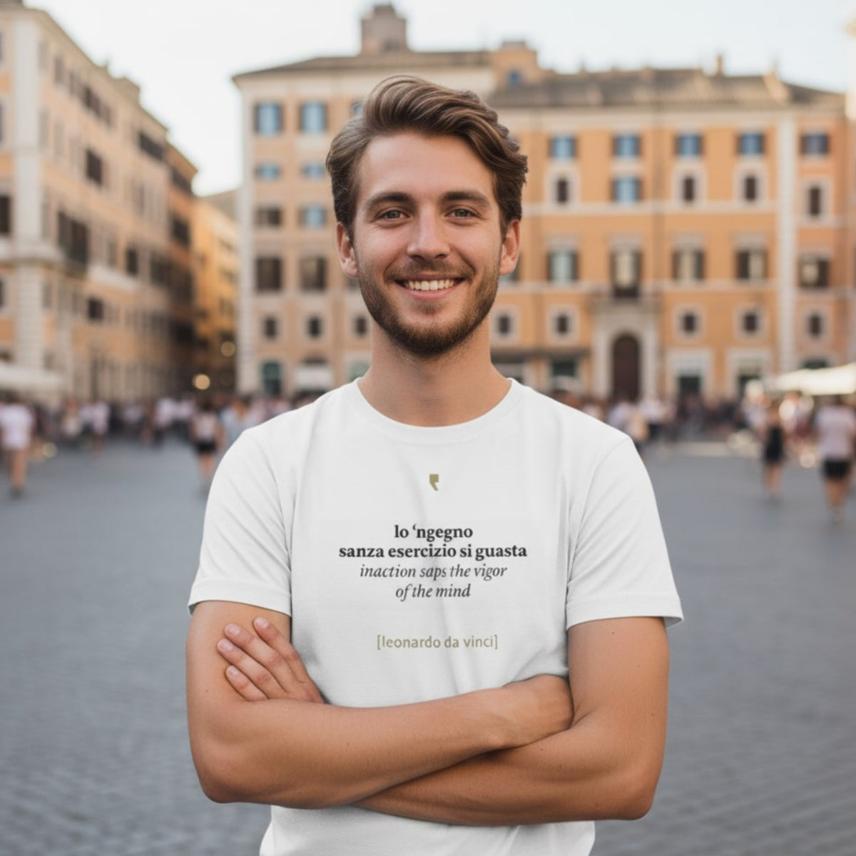 Minimalistisches T-Shirt inspiriert von Leonardo da Vinci, mit einfacher Grafik im Renaissance-Stil.
