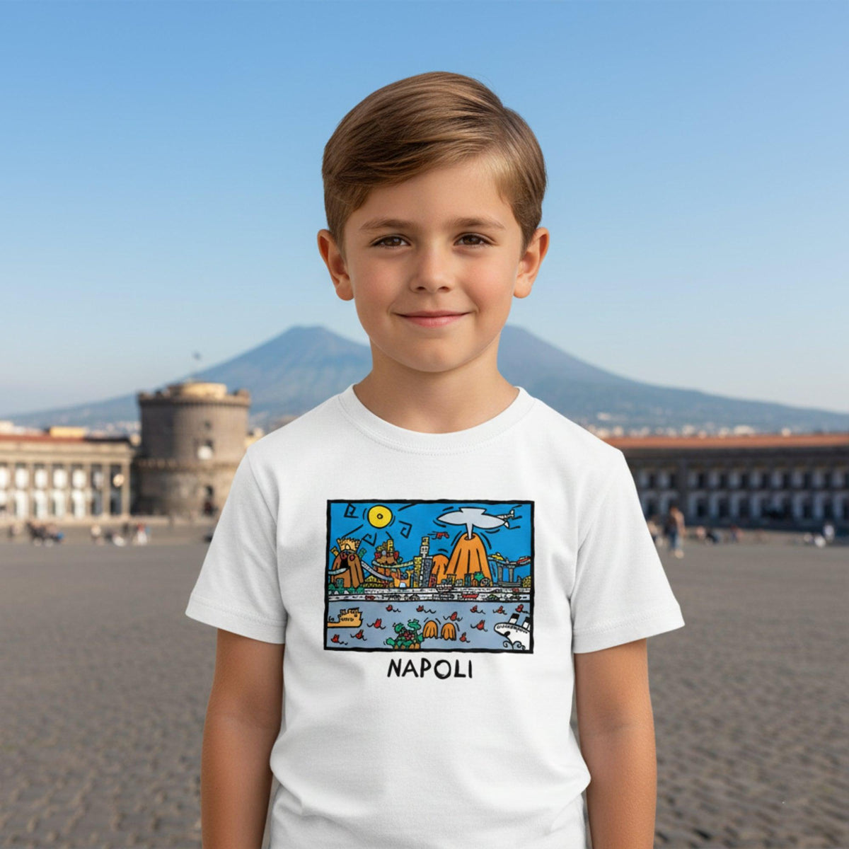 Bambino con maglietta bianca e stampa colorata di Napoli di Alessandro Cocchia, all’aperto